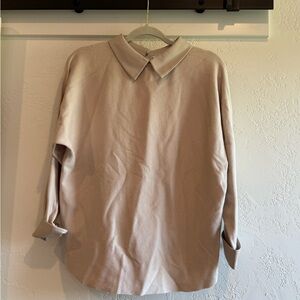 Classic Beige Sweater with Leather collar and bottom of sleeves Size Large